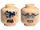 Part No: 3626pb3390  Name: Minifigure, Head Dual Sided Black Eyebrows, Open Mouth with Red Tongue, Dark Blue Splotch on Forehead / Scared with Glasses and Sweat Drops Pattern