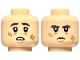 Part No: 3626pb3398  Name: Minifigure, Head Dual Sided Dark Brown Thick Eyebrows, Dark Tan Scuff Marks, Chin Dimple, Worried Open Mouth with Teeth / Frown Pattern
