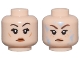 Part No: 3626pb3482  Name: Minifigure, Head Dual Sided Female Black Eyelashes, Dark Brown Eyebrows, Dark Orange Lips, Neutral / Reddish Brown Eyebrows, Nougat Lips and Freckles, Bright Light Blue Water Splotches, Angry Frown Pattern