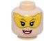 Part No: 3626pb3554  Name: Minifigure, Head Female Gold Eyebrows, Black Eyelashes, Yellow Mask, Coral Lips, and Open Mouth Smile with Teeth Pattern