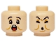 Part No: 3626pb3561  Name: Minifigure, Head Dual Sided Black Eyebrows, Medium Nougat Eyelids, Cheek Lines and Chin Dimple, Open Mouth with White Teeth and Red Tongue / Closed Eyes and Mouth Pattern