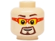 Part No: 3626pb3565  Name: Minifigure, Head Dark Brown Eyebrows and Goatee, Black Mouth, Red Glasses with Yellow Lenses Pattern
