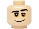 Part No: 3626pb3615  Name: Minifigure, Head Black Bushy Eyebrows, Medium Nougat Dimples and Sunken Eyes, Wide Grin Pattern