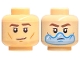 Part No: 3626pb3620  Name: Minifigure, Head Dual Sided Dark Brown Eyebrows, Medium Nougat Cheek Lines and Chin Dimple, Neutral / Scowl with Bright Light Blue Water Bubble over Mouth Pattern