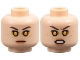 Part No: 3626pb3664  Name: Minifigure, Head Dual Sided Female Dark Brown Eyebrows, Bright Light Orange Eyes, Medium Nougat Eye Shadow, Freckles, Nougat Lips, Neutral / Open Mouth Scowl Pattern