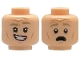 Part No: 3626pb3780  Name: Minifigure, Head Dual Sided Dark Tan Eyebrows, Medium Nougat Cheek Lines, Chin Dimple and Forehead Creases, Lopsided Open Mouth Smile with Teeth / Scared Pattern