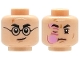 Part No: 3626pb3782  Name: Minifigure, Head Dual Sided Black Eyebrows, Nougat Lightning Scar, Medium Nougat Chin Dimple, Smirk and Round Glasses / Bright Pink HP Stinging Jinx Cheek Swelling with Dark Pink Wrinkles, Closed Right Eye Pattern