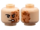 Part No: 3626pb3796  Name: Minifigure, Head Black Eyebrows, Nougat and Dark Orange Burned and Scarred Left Side, Lopsided Open Mouth Scowl with Teeth Pattern