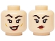 Part No: 3626pb3801  Name: Minifigure, Head Dual Sided Female Black Eyebrows and Eyelashes, Dark Red Lips, Medium Nougat Cheek Dimples and Lopsided Open Mouth Smile with Teeth / Chin Dimple and Frown Pattern