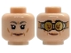 Part No: 3626pb3822  Name: Minifigure, Head Dual Sided Female Dark Bluish Gray Eyebrows, Single Eyelashes, Lower Eyelids, Medium Nougat Cheek and Jowl Lines, Nougat Lips, Stern / Lopsided Grin, Silver Goggles with Gold Lenses, Reddish Brown Eyes Pattern