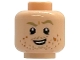 Part No: 3626pb3824  Name: Minifigure, Head Dark Tan Eyebrows, Left Raised, Lower Eyelids, Beard Stubble, Medium Nougat Spots, Lopsided Open Mouth Smile with Teeth Pattern