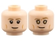Part No: 3626pb3840  Name: Minifigure, Head Dual Sided Dark Tan Eyebrows, Medium Nougat Cheek Lines, Chin Dimple, Slight Lopsided Grin / Gold Eyes and Raised Eyebrow Pattern