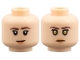 Part No: 3626pb3841  Name: Minifigure, Head Dual Sided Female Dark Brown Thin Eyebrows, Black Double Eyelashes, Nougat Lips, Lopsided Grin / Stern with Gold Eyes Pattern