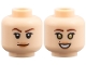 Part No: 3626pb3842  Name: Minifigure, Head Dual Sided Female Reddish Brown Eyebrows, Black Long Eyelashes, Beauty Mark, Nougat Lips, Lopsided Grin / Open Mouth Smile with Teeth and Gold Eyes Pattern
