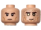 Part No: 3626pb3843  Name: Minifigure, Head Dual Sided Dark Brown Eyebrows, Medium Nougat Cheek Lines, Chin Dimple, Stern / Slight Grin with Gold Eyes and Silver Sparkles Pattern