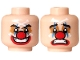 Part No: 3626pb3933  Name: Minifigure, Head Dual Sided Clown Black Eyebrows, Medium Nougat Eye Shadow, Dark Azure Vertical Lines, White Crossbones, Red Nose and Lips, Open Mouth with Teeth Smile / Sad Pattern