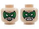 Part No: 3626pb3970  Name: Minifigure, Head Dual Sided Green and Bright Green Bat-Shaped Domino Mask with White Eyes, Medium Nougat Chin Dimple, Open Mouth Grin with Top Teeth / Fierce Pattern