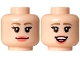 Part No: 3626pb3983  Name: Minifigure, Head Dual Sided Female Dark Tan Eyebrows, Black Eyes and Eyelashes, Coral Lips, Closed Mouth Smile / Open Mouth Smile with White Teeth Pattern