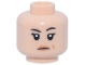 Part No: 3626pb3989  Name: Minifigure, Head Female Black Eyebrows, One Raised, Eyelashes, Nougat Lips and Smile Crease, Closed Mouth Frown Pattern