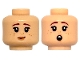 Part No: 3626pb4003  Name: Minifigure, Head Dual Sided Reddish Brown Eyebrows, Nougat Freckles and Lips, Smirk / Open Mouth Shocked with Teeth Pattern