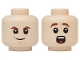 Part No: 3626pb4049  Name: Minifigure, Head Dual Sided Child Reddish Brown Eyebrows, Grin with Medium Nougat Dimples / Raised Eyebrows, Surprised Open Mouth with Teeth and Red Tongue Pattern