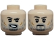 Part No: 3626pb4089  Name: Minifigure, Head Dual Sided Dark Bluish Gray Eyebrows, Light Bluish Gray Beard and Goatee, Dark Orange Cheek Lines, Open Mouth Lopsided Grin with White Teeth / Frown Pattern