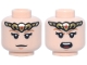 Part No: 3626pb4113  Name: Minifigure, Head Dual Sided Female, Gold Tiara, Medium Nougat Eyebrows, Black Eyelashes, Nougat Chin Dimple, Neutral / Angry, Open Mouth Pattern