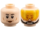 Part No: 3626pb4123  Name: Minifigure, Head Dual Sided Female, Black Eyebrows, Dark Orange Lips and Contours, Grin / Yellow and Bright Light Orange Visor, Black Chinstrap Pattern