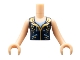 Lot ID: 372769000  Part No: FTGpb081c01  Name: Torso Mini Doll Girl Dark Blue Vest with Gold Trim Pattern, Light Nougat Arms with Hands