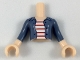 Part No: FTGpb160c01  Name: Torso Mini Doll Girl Sand Blue Jacket over White Shirt with 5 Red Stripes Pattern, Light Nougat Arms with Hands with Sand Blue Sleeves