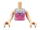 Lot ID: 391944111  Part No: FTGpb215c01  Name: Torso Mini Doll Girl Dark Pink Top with Bright Pink Filigree, Dark Blue Straps, 2 Silver Necklaces Pattern, Light Nougat Arms with Hands