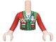 Part No: FTGpb484c01  Name: Torso Mini Doll Girl Red and Bright Green Cardigan Holiday Sweater with Pockets and Snowman Pin Pattern, Dark Blue Music Note Pendant, Light Nougat Arms with Hands with Red Long Sleeves