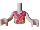 Lego part: Torso Mini Doll Girl Coral Dress Top with Dark Purple Ruffles and Bright Light Orange and Bright Light Yellow Flashing Accents Pattern, Light Nougat Arms with Hands