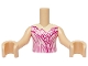 Part No: FTGpb499c01  Name: Torso Mini Doll Girl Bright Pink Dress Top with Magenta Ruffles, Dark Pink and White Curved Lines Pattern, Light Nougat Arms with Hands
