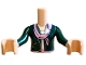 Part No: FTGpb523c01  Name: Torso Mini Doll Girl Dark Green Jacket Open with Gold Pocket and Zippers over White Top, Bright Pink Belt and Scarf Pattern, Light Nougat Arms with Hands with Dark Green Long Sleeves