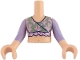 Part No: FTGpb527c01  Name: Torso Mini Doll Girl Sand Green Top with Bright Pink Twigs and Ruffle Pattern, Light Nougat Arms with Hands with Lavender Long Sleeves
