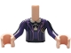 Part No: FTGpb550c01  Name: Torso Mini Doll Girl Dark Purple Striped School Uniform Jacket with Gold Letter N Logo Badge over White Shirt with Black Bow Tie Pattern, Light Nougat Arms with Hands with Black and Dark Purple Long Sleeves