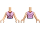 Part No: FTGpb567c01  Name: Torso Mini Doll Girl Bright Pink Sleeveless Jacket with Dark Purple Diamond Shapes, Reddish Orange Collar, Pockets, Zipper and Insets with Dark Blue Edges Pattern, Light Nougat Arms with Hands