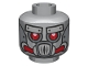 Part No: 3626cpb1114  Name: Minifigure, Head Alien with Robot Red Eyes and Mouth and Silver Metal Plates Eyebrows and Mask Pattern - Hollow Stud