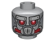 Part No: 3626pb1114  Name: Minifigure, Head Alien with Robot Red Eyes and Mouth and Silver Metal Plates Eyebrows and Mask Pattern