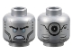 Part No: 3626pb2029  Name: Minifigure, Head Alien Robot with Black Eyebrows, Metallic Light Blue Eyes, Cheek Lines, Angry Bared Teeth, Vents and Silver Circle on Back Pattern