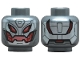 Part No: 3626pb3798  Name: Minifigure, Head Alien Robot with Silver Face with Dark Bluish Gray Lines, Coral and Red Eyes and Mouth, Armor Panels on Back Pattern