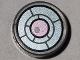 Lego part: Tile, Round 1 x 1 with Black, Dark Bluish Gray and Metallic Light Blue X-Ray Goggles with Metallic Pink Eye and White Glint Pattern