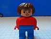invID: 40941756 M-No: 4555pb146  Name: Duplo Figure, Female, Blue Legs, Red Top, Brown Hair, Eyelashes, Smile with Lips