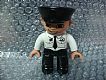 invID: 227945876 M-No: 47394pb120  Name: Duplo Figure Lego Ville, Male Pilot, Black Legs, White Top with Airplane Logo and Black Tie, Police Hat