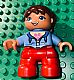 invID: 286492656 M-No: 47205pb030a  Name: Duplo Figure Lego Ville, Child Girl, Red Legs, Medium Blue Jacket over Shirt with Flower, Reddish Brown Pigtails, Oval Eyes