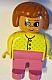 invID: 300261203 M-No: 4555pb116  Name: Duplo Figure, Female, Dark Pink Legs, Yellow Sweater with 3 Buttons and V Stitching, Dark Orange Hair