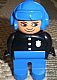 invID: 25620129 M-No: 4555pb062  Name: Duplo Figure, Male Police, Blue Legs, Black Top with 3 Buttons and Badge, Blue Aviator Helmet and Nose Bow Line Up
