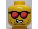invID: 379147600 P-No: 28621pb0082  Name: Minifigure, Head Black Sunglasses with Coral and Magenta Lenses, Dark Tan Beard Stubble, Lopsided Open Mouth Smile with Teeth Pattern - Vented Stud