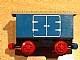 invID: 385979414 P-No: 3443c03pb01  Name: Train Battery Box Car with Three Contact Holes, Red Switch Lever, Blue and Red Magnets, Red Wheels, and Light Gray Roof with Hinged Doors Pattern on Both Sides (Stickers) - Set 7720